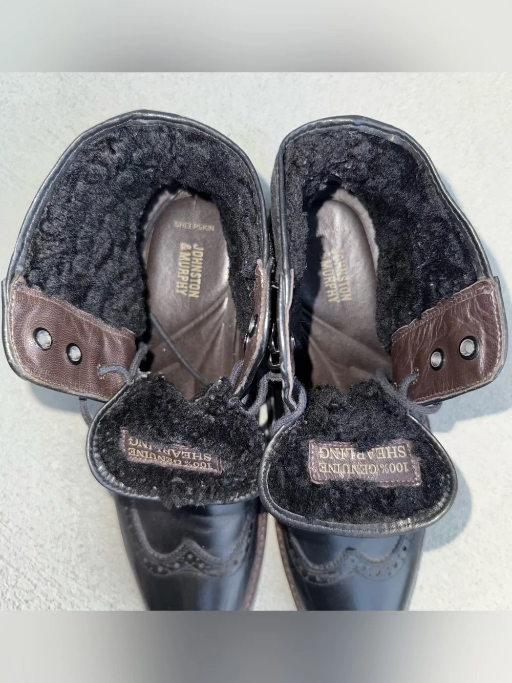 Johnston & Murphy Jennings Shearling Boots 10.5 M Black Leather Wing Tip Brazil